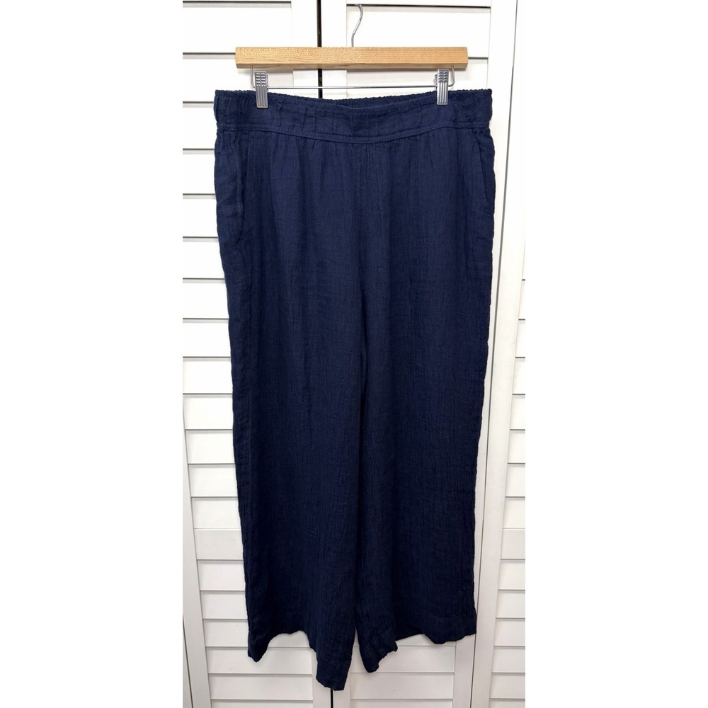 Tahari Linen Crinkle Wide Leg Pull On Pants Lagenlook Beach Women's Size XL Navy